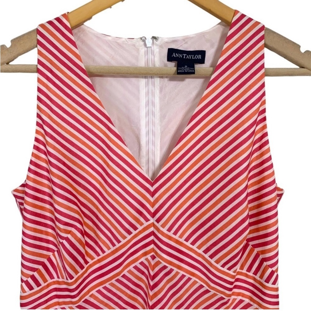 Ann Taylor dress orange pink stripe chevron empire waist 100% cotton midi size 8